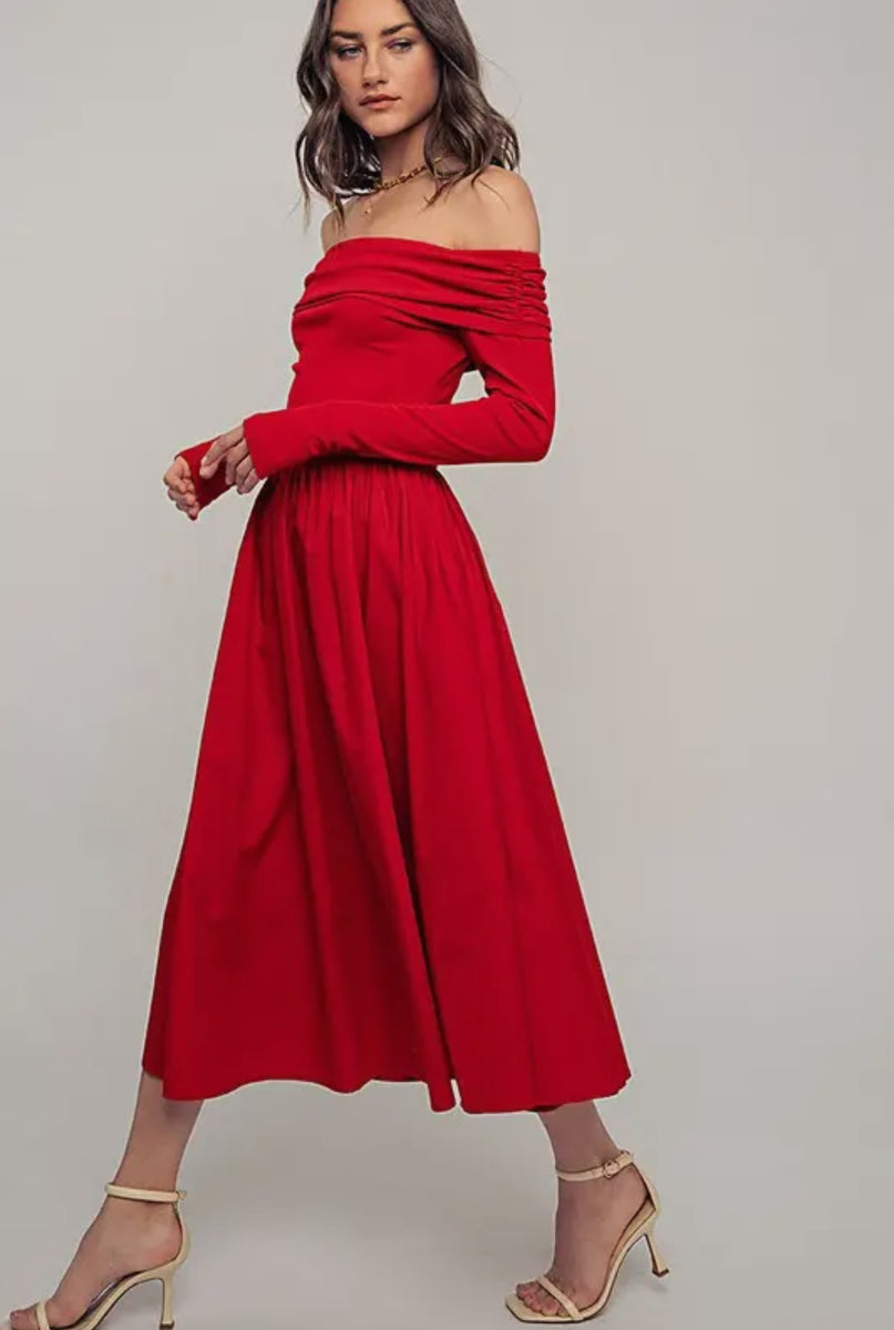 ruched off the shoulder midi dress Elegant Off Shoulder Ruched Long Sleeve Spring Midi Dress – Dixie Soul