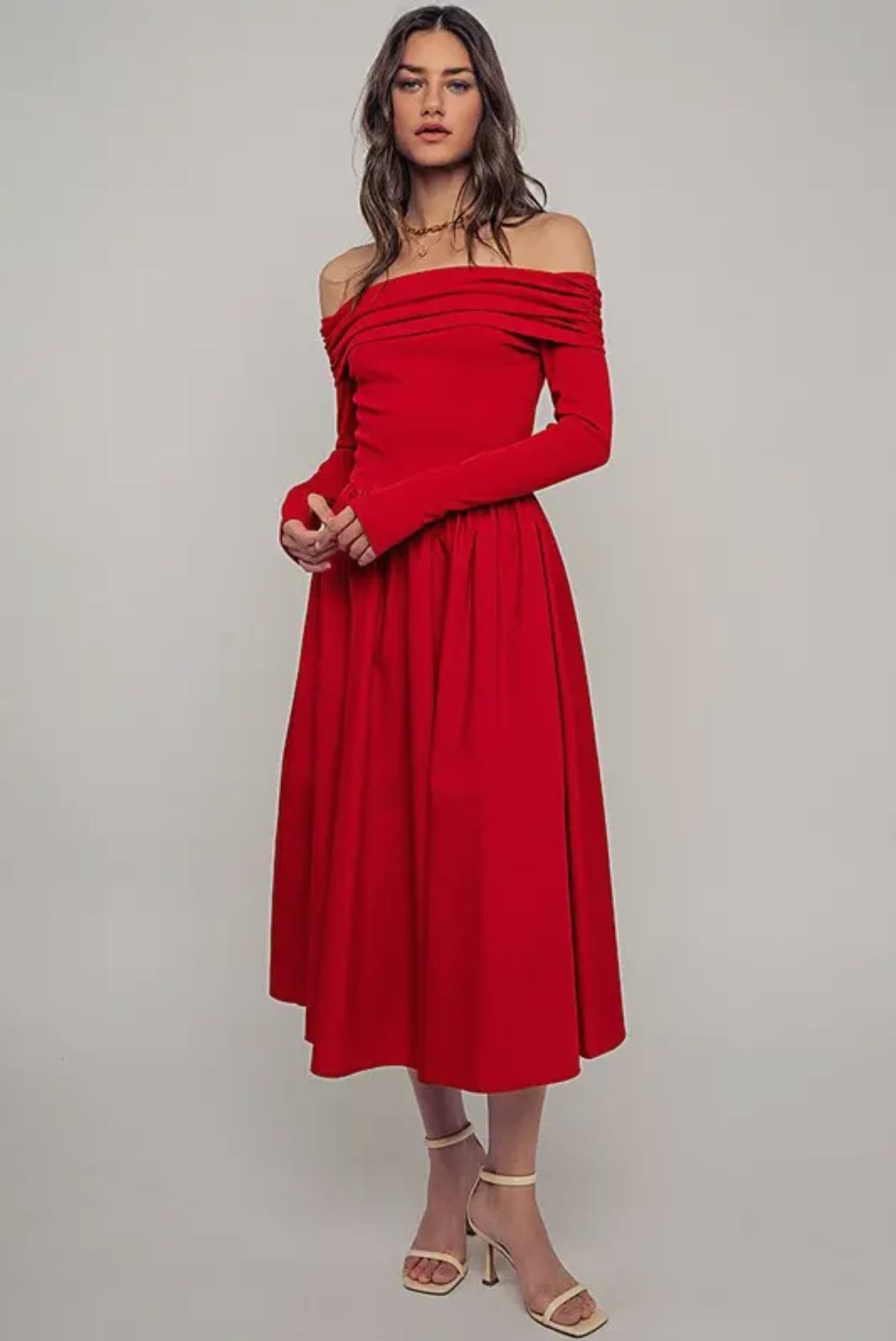 fitted lace wedding dress Elegant Off Shoulder Ruched Long Sleeve Spring Midi Dress – Dixie Soul