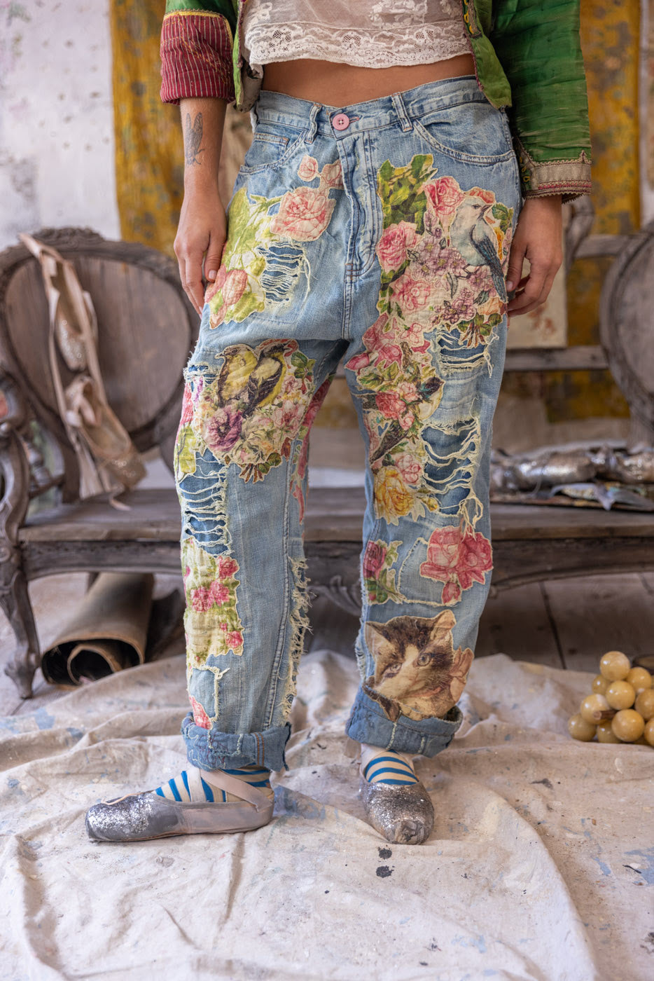 PANTS 371 | Floral Applique Miner Denims