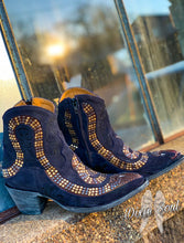 Load image into Gallery viewer, Navy Suede Snake Booties